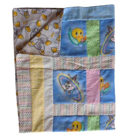 Vintage 90's Reversible Patchwork Looney Tunes Characters Baby Blanket Blue Pink - Picture 3 of 16